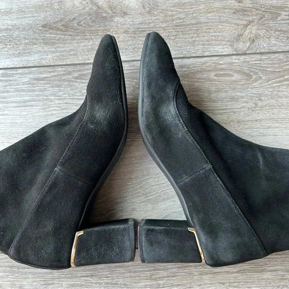 Cole Haan Laree Stretch Black Suede Sock Booties  with Gold Bar - Picture 13 of 16